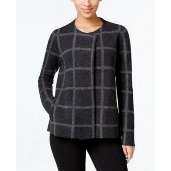Eileen Fisher Size XS Windowpane Plaid Merino Wool Open Front Cardigan Sweater - Picture 11 of 11